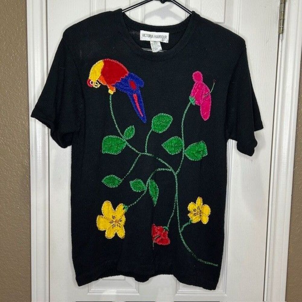 Victoria Harbour 90s Black Sweater Parrot Floral Embroidered Sequin Vtg Sz Lg